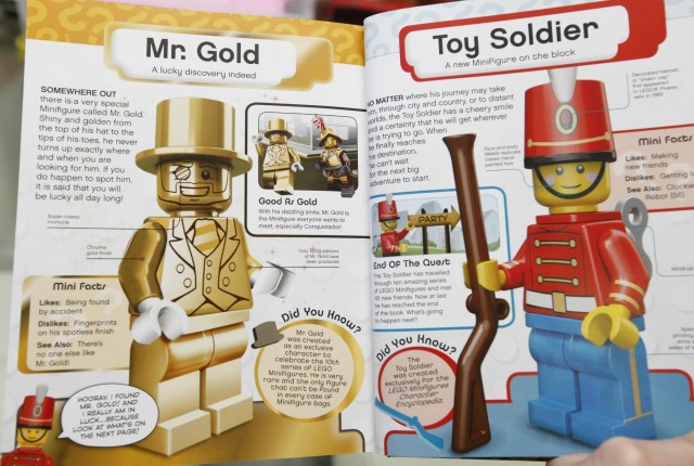 LEGO Minifigures Character Encyclopedia Pages Show Golden Minifigure and Toy Soldier