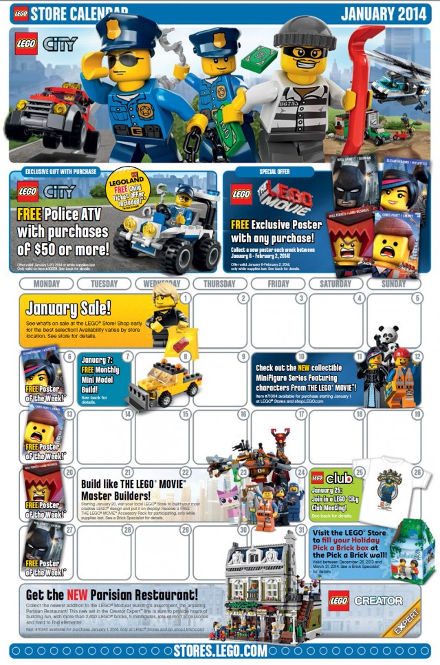 January 2014 LEGO Stores Calendar Front