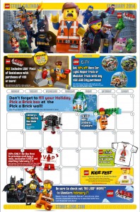 February 2014 LEGO Store Calendar Front Promos Sales Deals