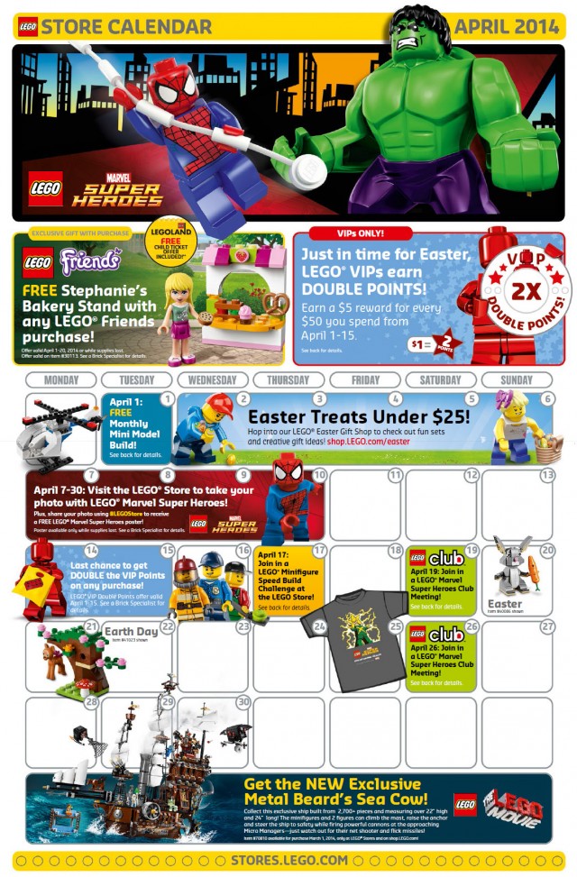 April 2014 LEGO Store Calendar Front Promos Sales Deals