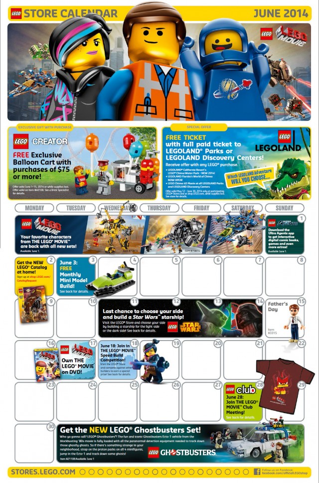 June 2014 LEGO Store Calendar Deals Promos Sales