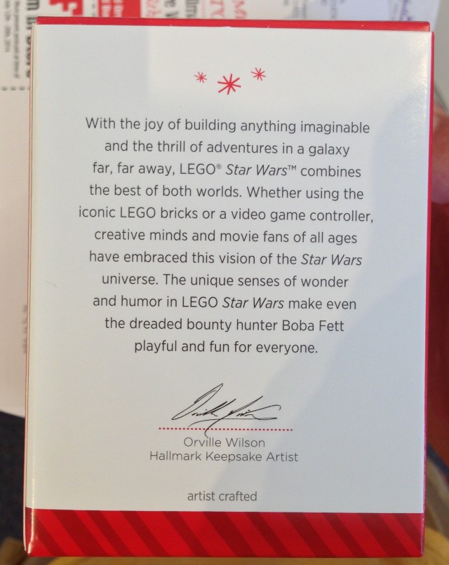 Hallmark 2014 LEGO Star Wars Boba Fett Ornament Box Back