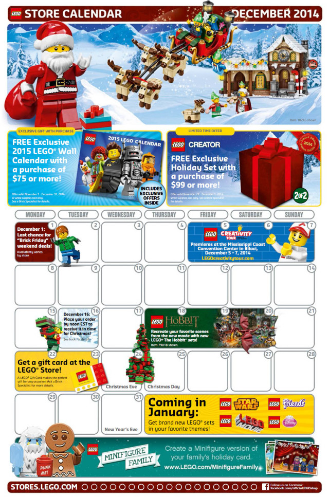 December 2014 LEGO Store Calendar