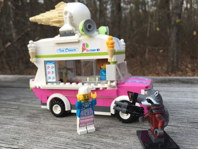 LEGO Rocket Raccoon Minifigure Holds Up an Ice Cream Truck