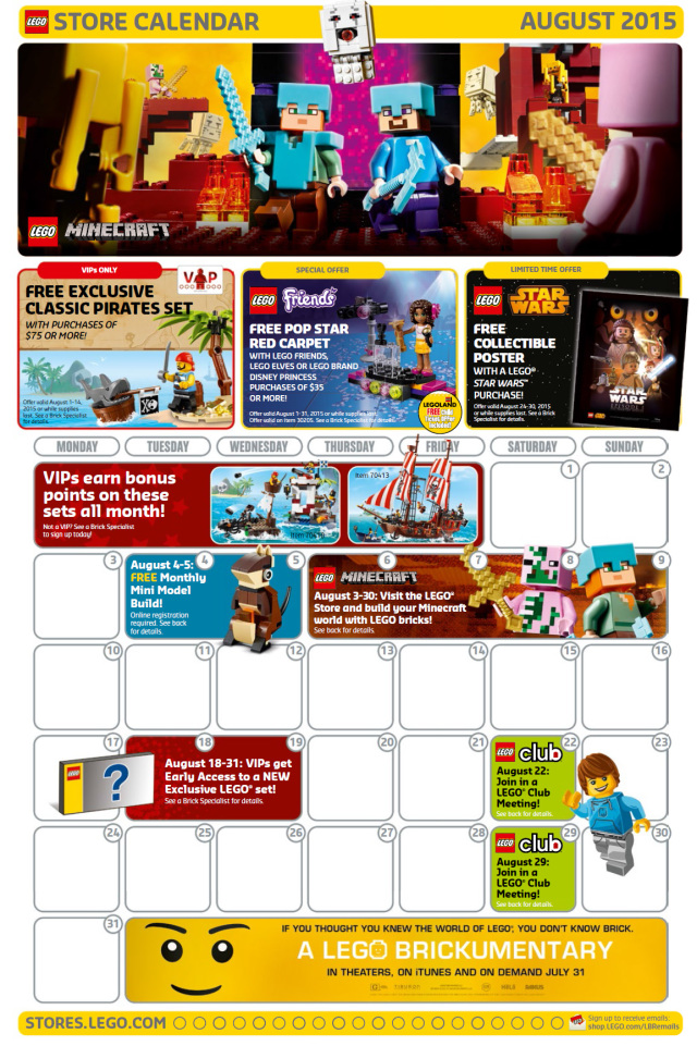 August 2015 LEGO Store Calendar