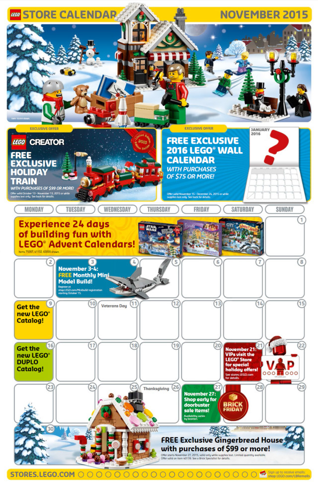 November 2015 LEGO Store Calendar