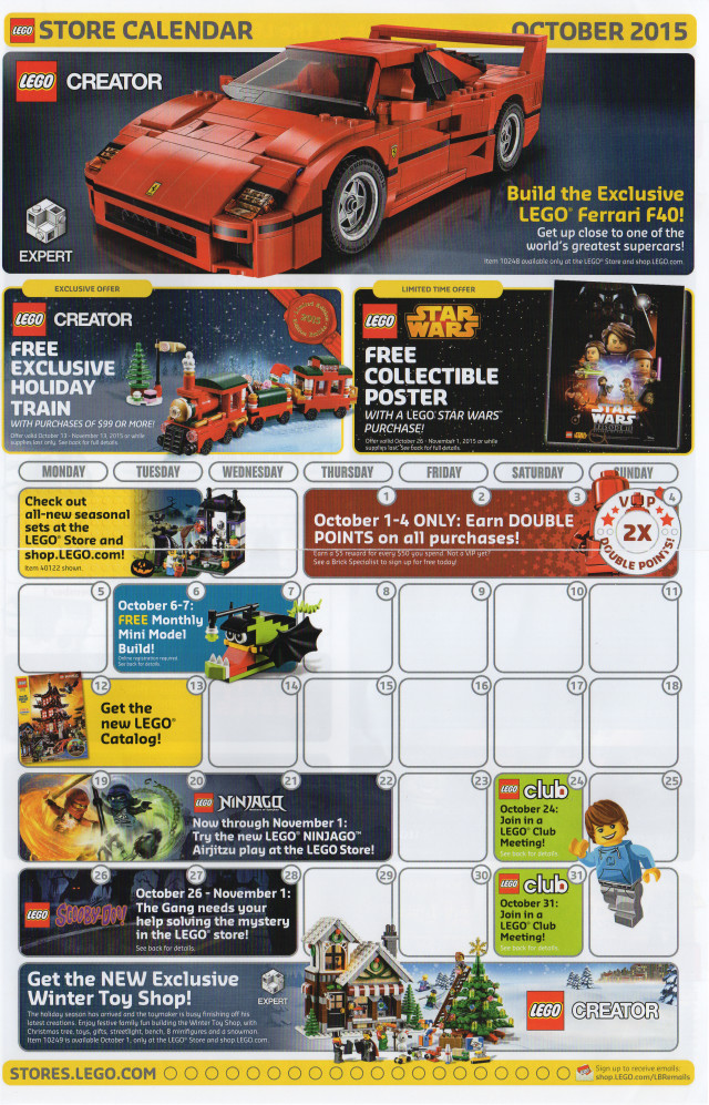 October 2015 LEGO Store Calendar Front
