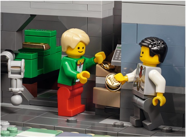 Depositing Gold Coins at the LEGO 10251 Brick Bank Modular Building Set