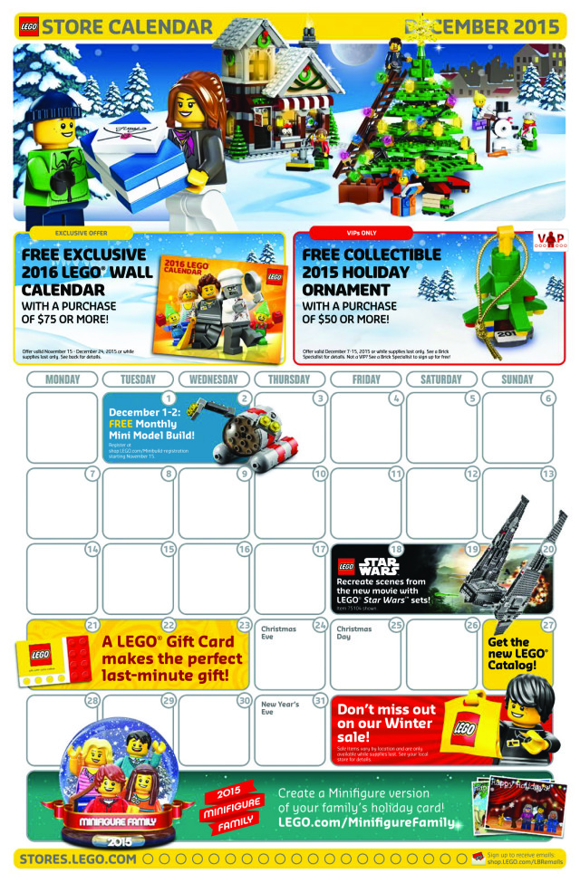 December 2015 LEGO Store Calendar